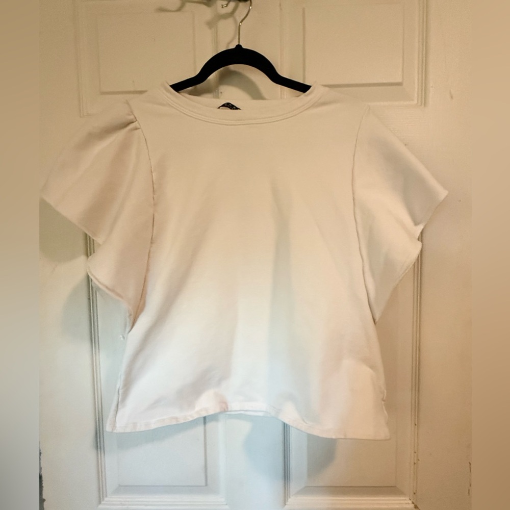 Maven West - White Short Sleeve Ruffle Sleeve Top
